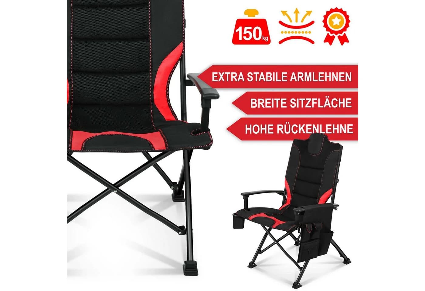 Onbest Campingstuhl Rot Faltbar 150kg Tragetasche - Bild 5