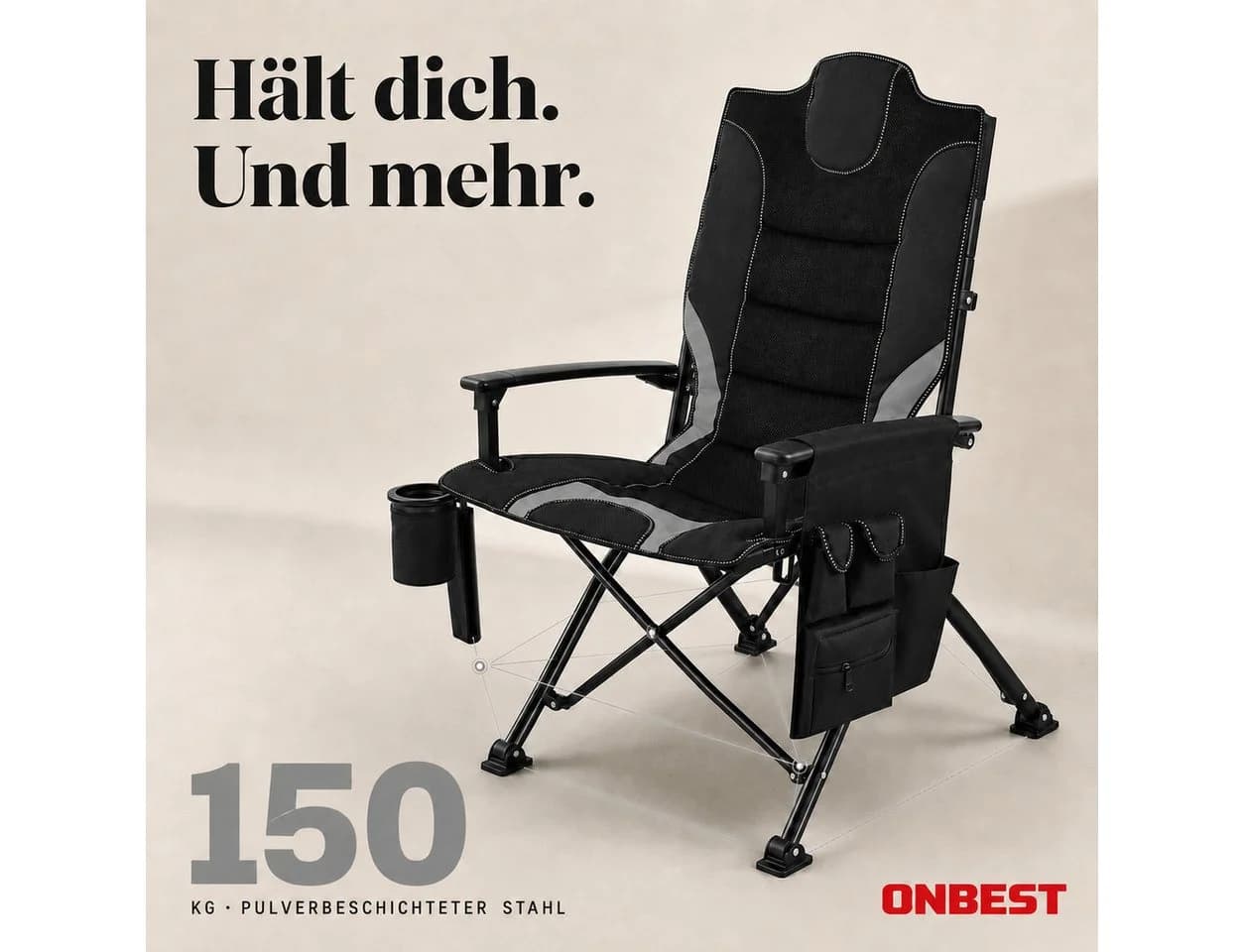 Onbest Campingstuhl Faltbar Grau 150kg Tragetasche - Bild 4