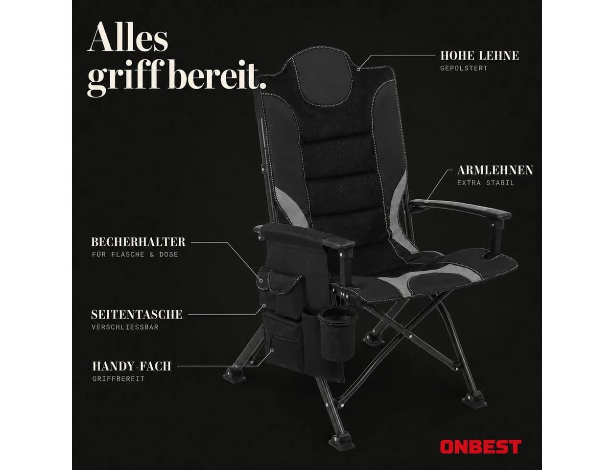 Onbest Campingstuhl Faltbar Grau 150kg Tragetasche - Bild 5