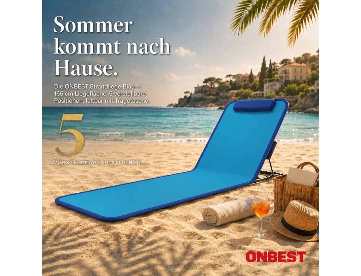 Onbest Campingliege Strandliege klappbar mit Nackenkissen Tragetasche