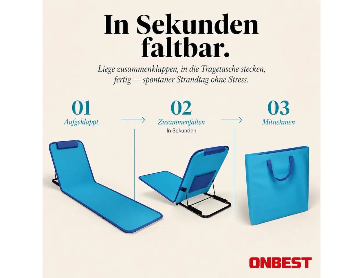 Onbest Campingliege Strandliege klappbar mit Nackenkissen Tragetasche - Bild 4