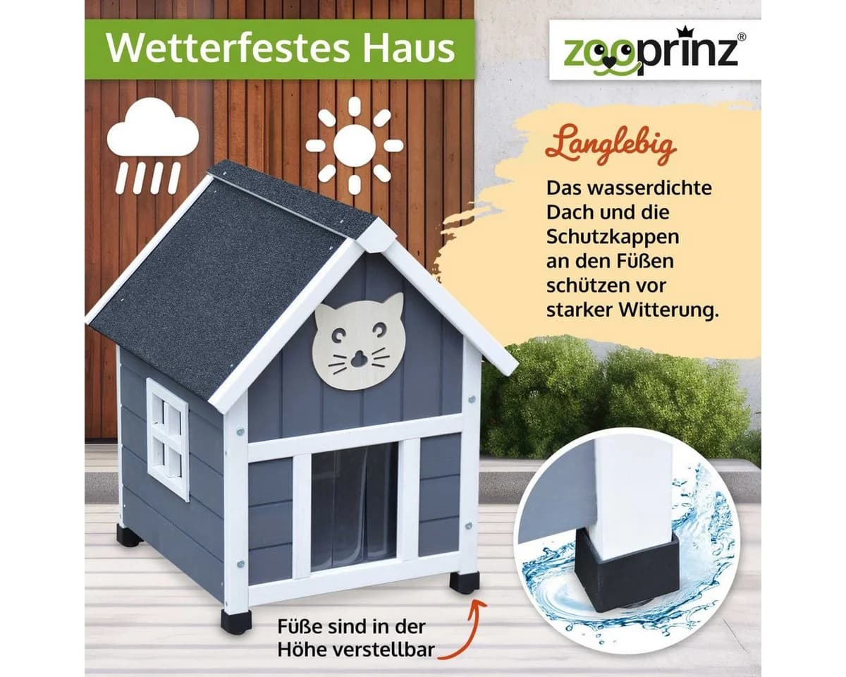 Zooprinz Katzenhaus Tiger XXL Grau-Weiß Massivholz Wetterfest