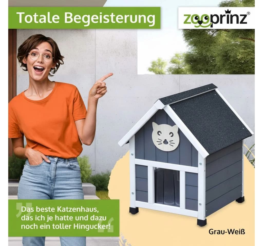 Zooprinz Katzenhaus Tiger XXL Grau-Weiß Massivholz Wetterfest - Bild 4