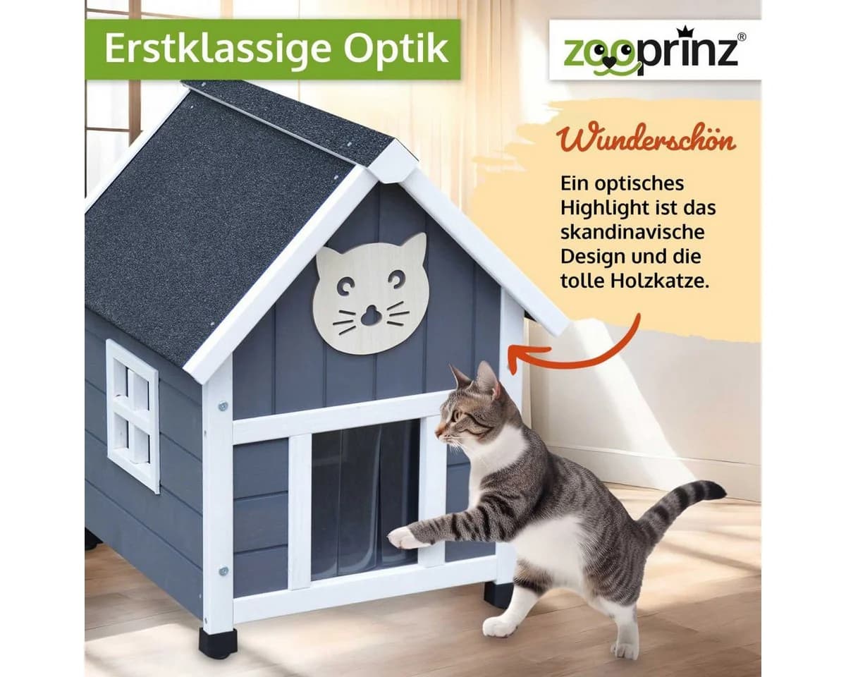 Zooprinz Katzenhaus Tiger XXL Grau-Weiß Massivholz Wetterfest - Bild 5