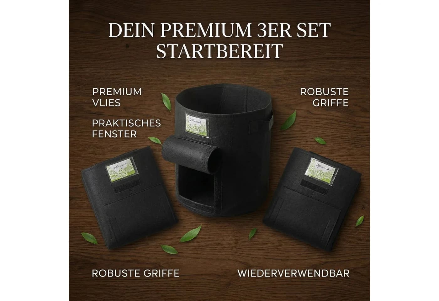 Onbest Pflanzsack Set Schwarz 30 Liter Vliesstoff mit Sichtfenster