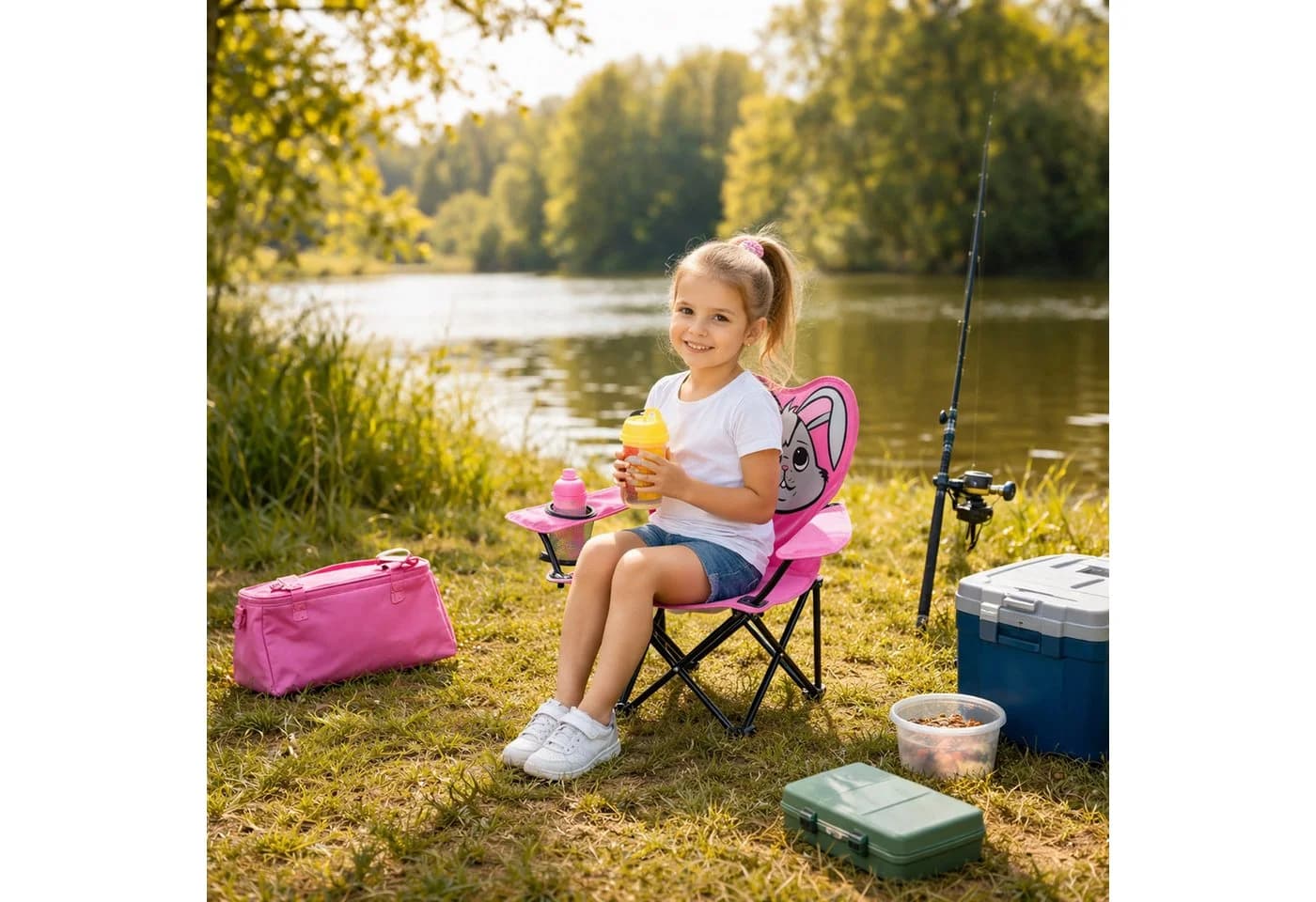 Mojawo Kinder Anglersessel Pink mit Getränkehalter und Tasche Motiv Hase