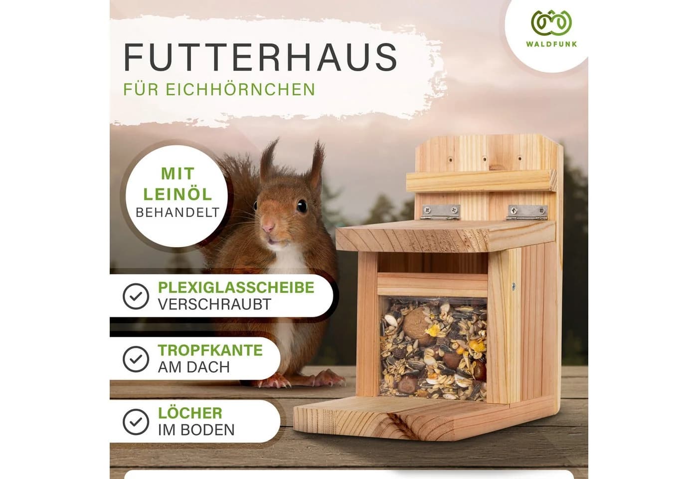 Waldfunk Futterstation Eichhörnchen Wetterfestes Futterhaus Massivholz