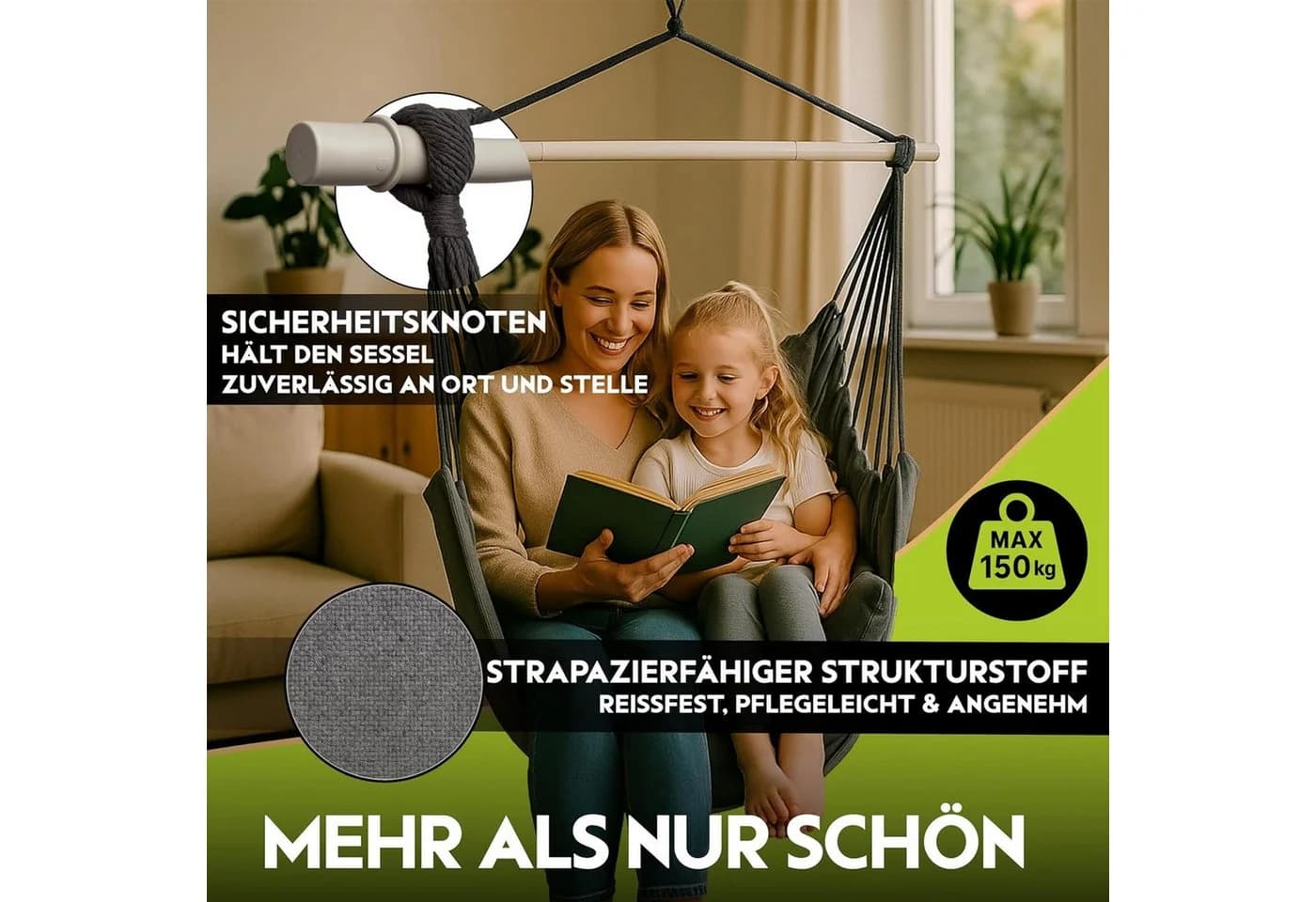 BURI Hängesessel 150kg Tragkraft 360° Drehung mit Kissen & Decke - Bild 3