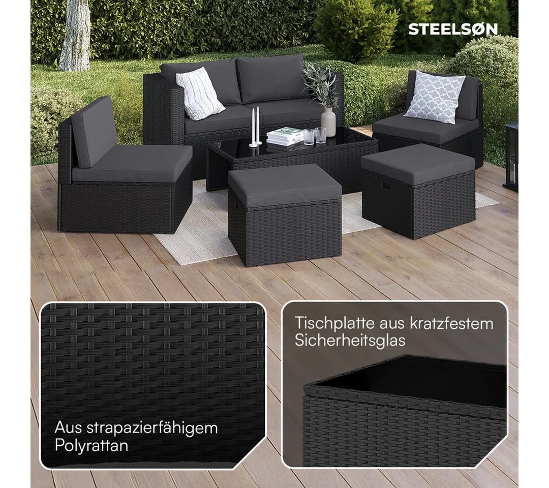 STEELSØN Gartenlounge-Set Noctura Schwarz Anthrazit Polyrattan