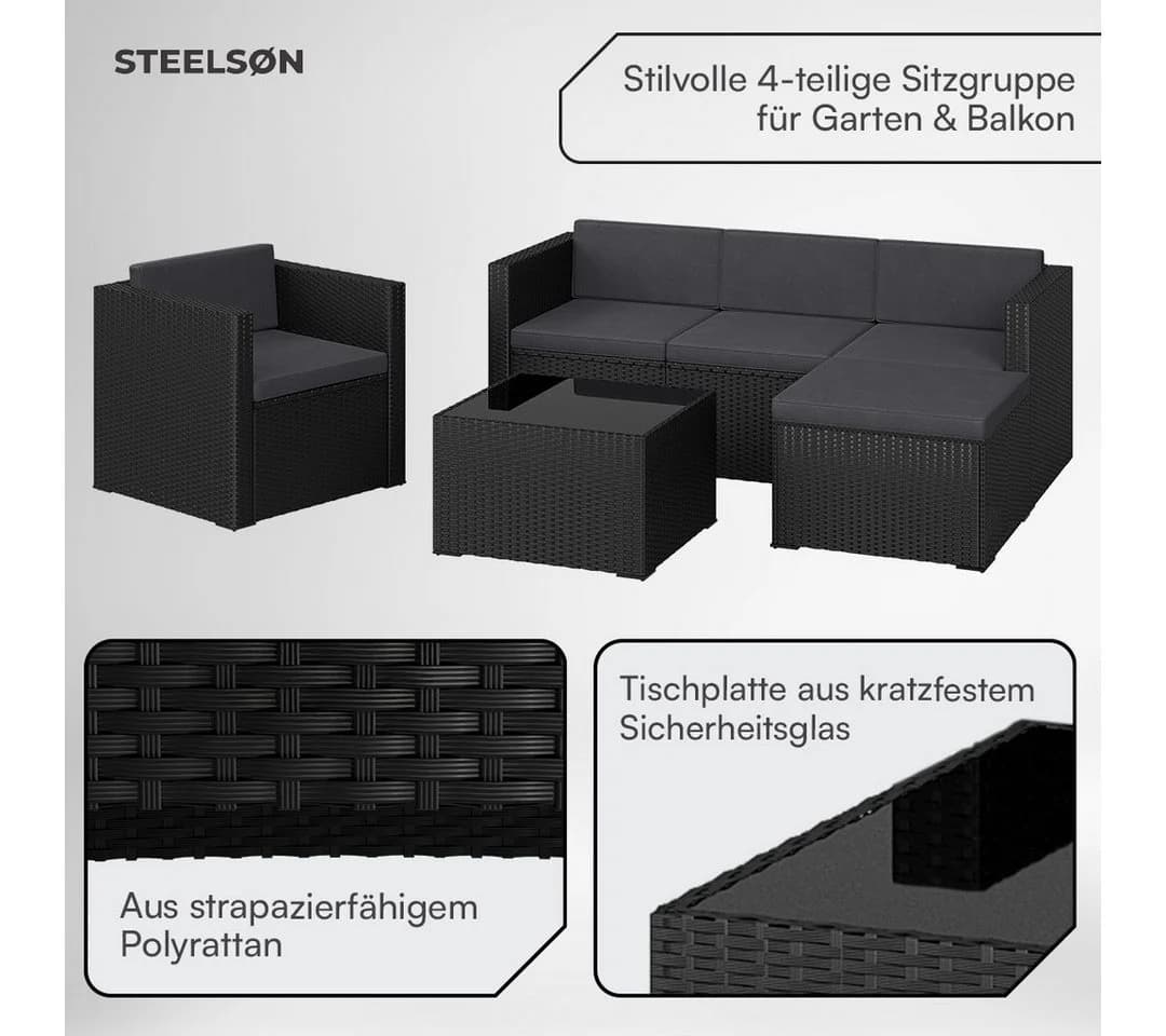 STEELSØN Zethora Gartenlounge Set Polyrattan Schwarz/Anthrazit - Bild 3