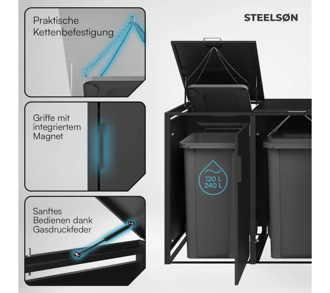 STEELSØN Mülltonnenbox Thoria 240L Graphitschwarz 4 Türen - Bild 3