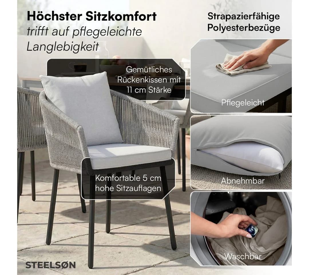 STEELSØN Gartenstuhl Nair 6er Set hellgrau mit Kissen