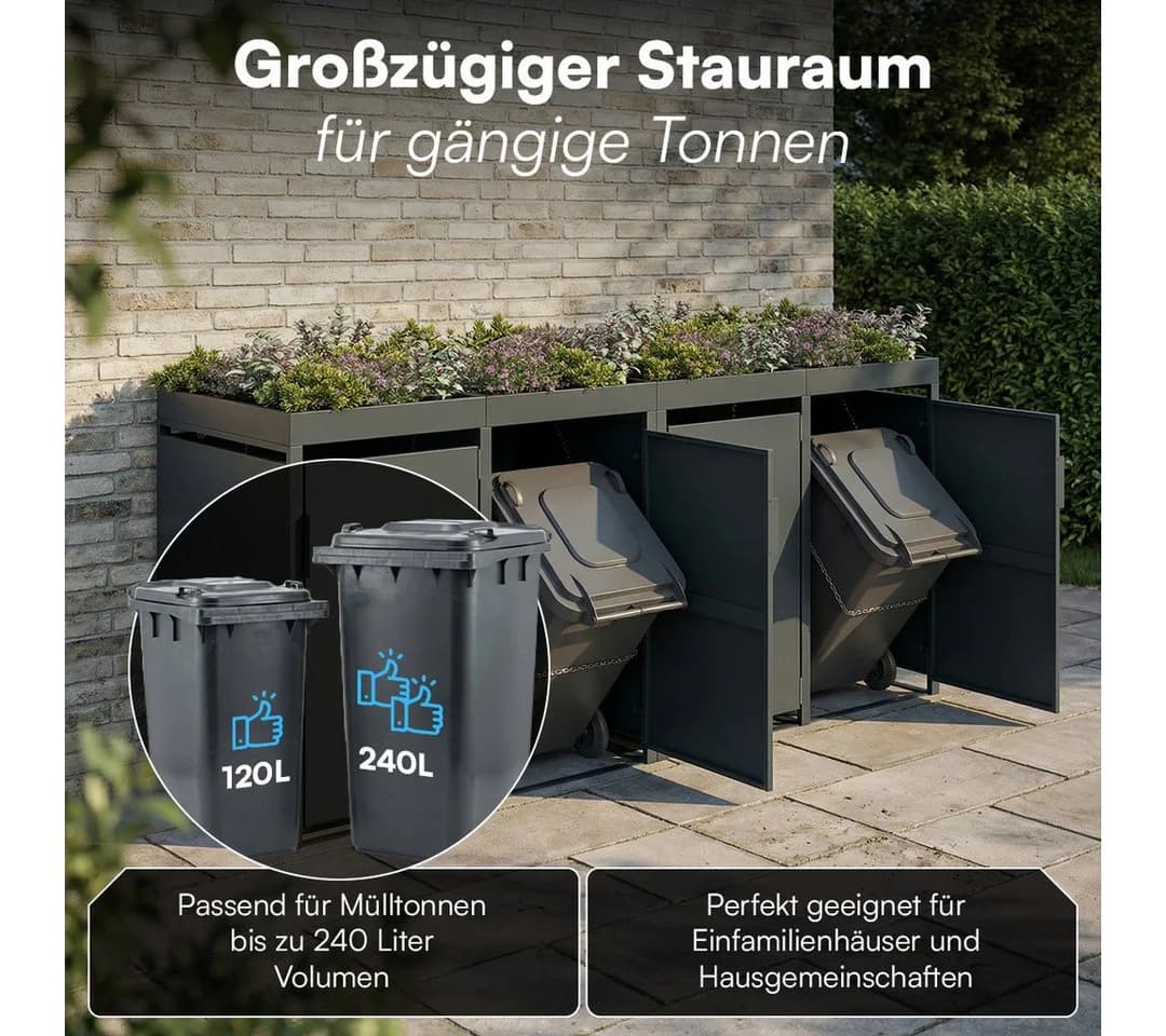 STEELSØN Mülltonnenbox Thoria Anthrazit mit Pflanzendach für 4 Tonnen