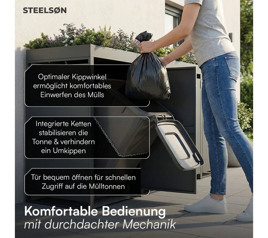 STEELSØN Mülltonnenbox Thoria Anthrazit mit Pflanzendach für 4 Tonnen - Bild 3