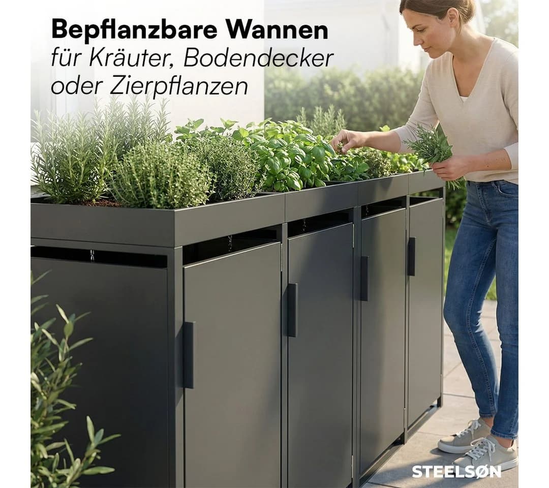 STEELSØN Mülltonnenbox Thoria Anthrazit mit Pflanzendach für 4 Tonnen - Bild 5