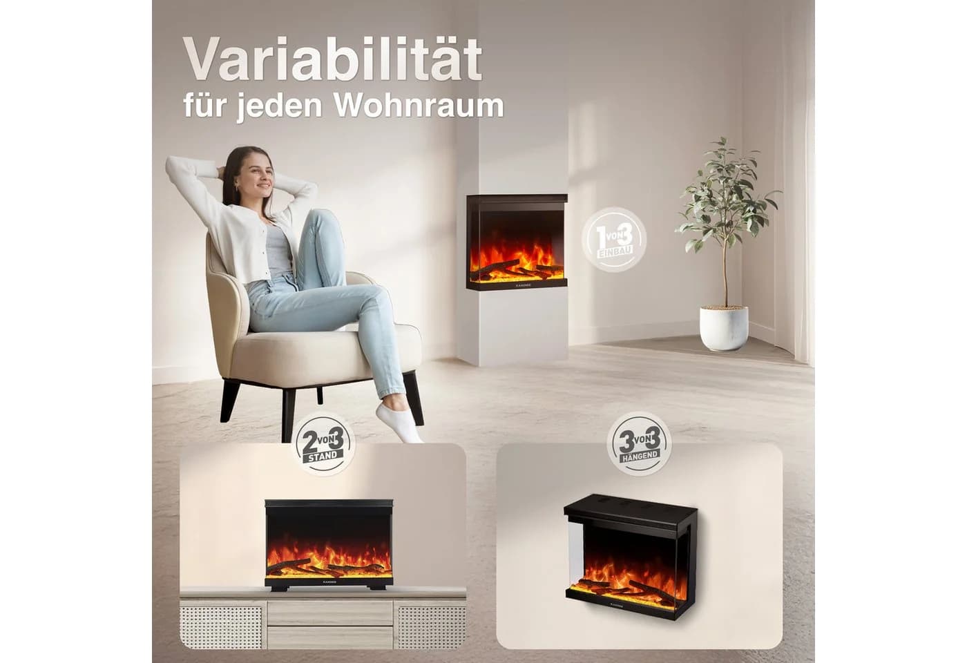 KAMINIO Elektrokamin LEA 3in1 Kamin Stand Wand Einbaukamin Panoramaview
