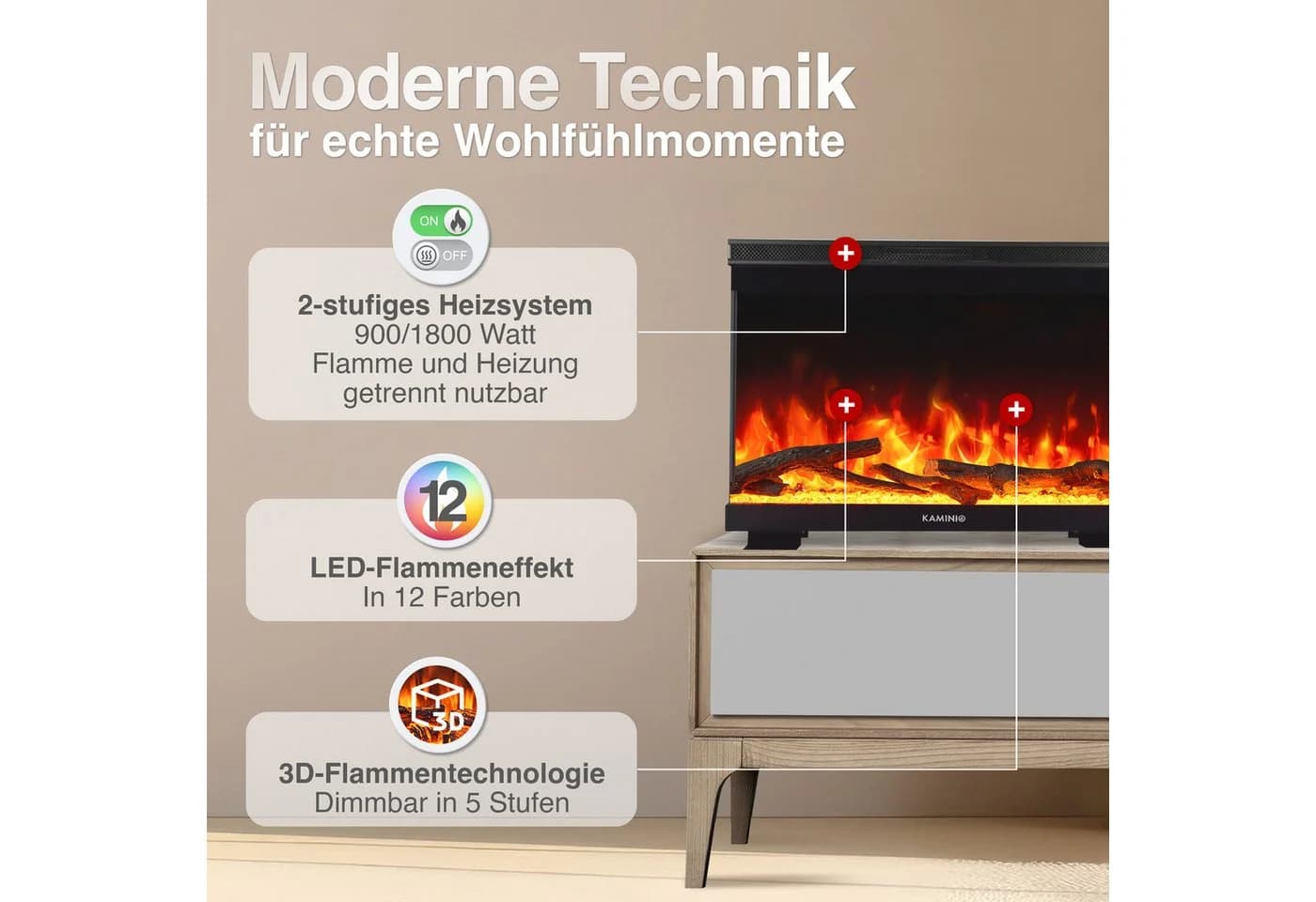 KAMINIO Elektrokamin LEA 3in1 Kamin Stand Wand Einbaukamin Panoramaview - Bild 3