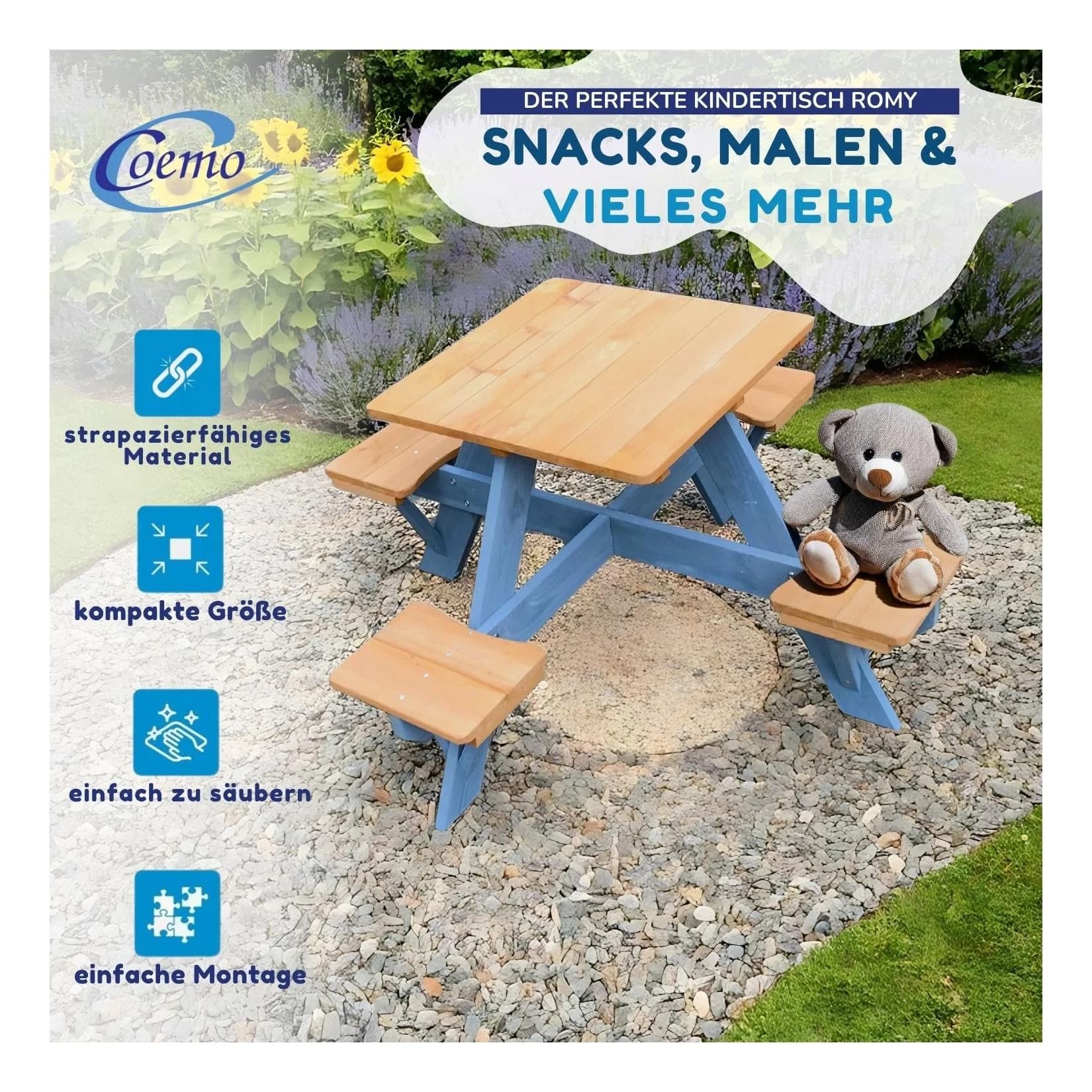Coemo Garten-Kindersitzgruppe ROMY Braun Holz Picknicktisch 4 Sitze