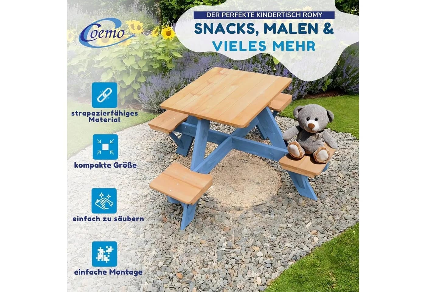 Coemo Garten-Kindersitzgruppe ROMY Braun Holz Picknicktisch 4 Sitze - Bild 2