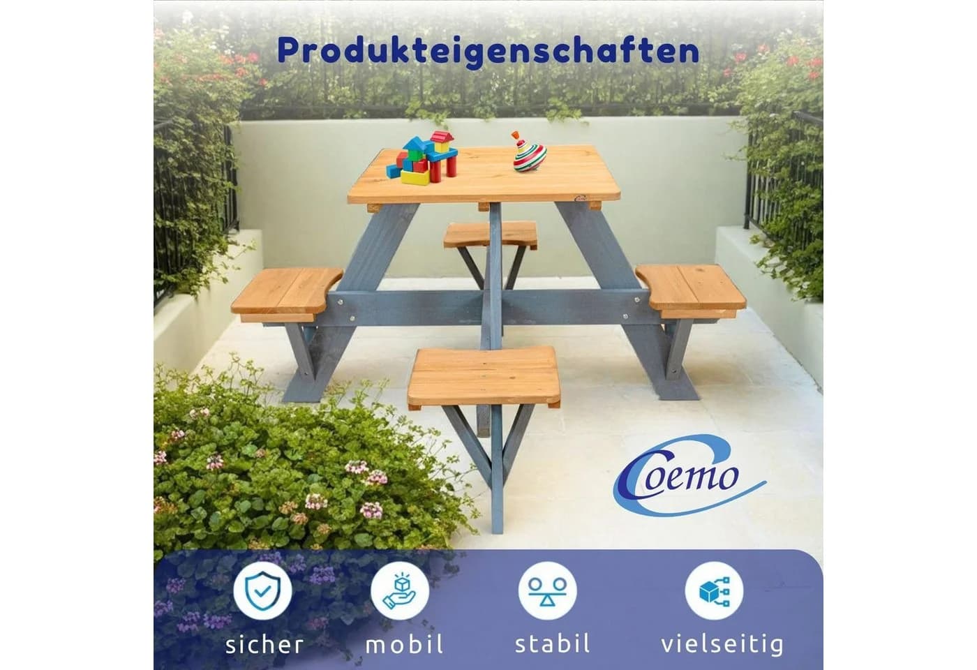 Coemo Garten-Kindersitzgruppe ROMY Braun Holz Picknicktisch 4 Sitze - Bild 4