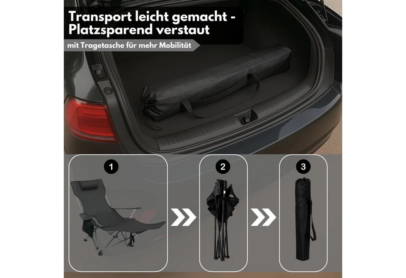 Coemo Gartenstuhl klappbar mit Fußablage und Getränkehalter Schwarz - Bild 3