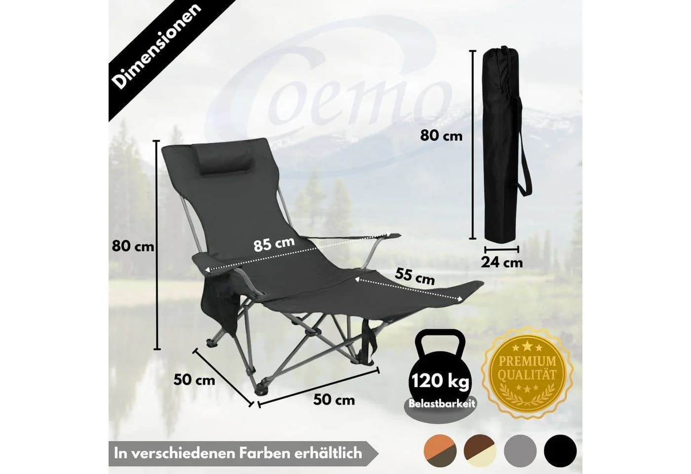 Coemo Gartenstuhl klappbar mit Fußablage und Getränkehalter Schwarz - Bild 5