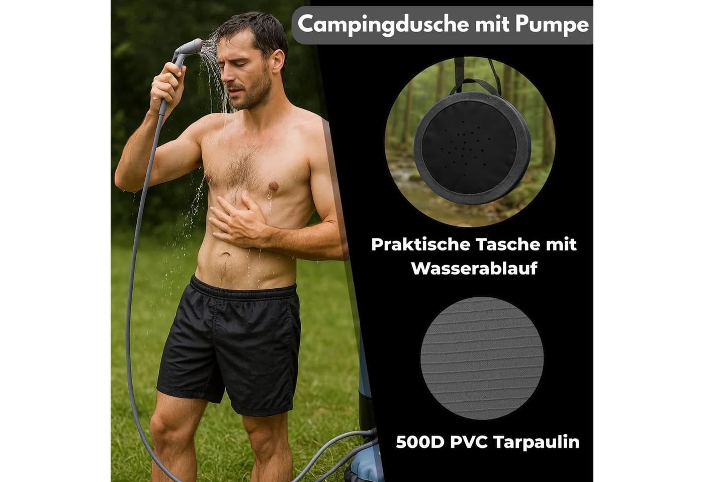 Coemo Gartendusche Schwarz Solardusche mit Fußpumpe 11 l tragbar