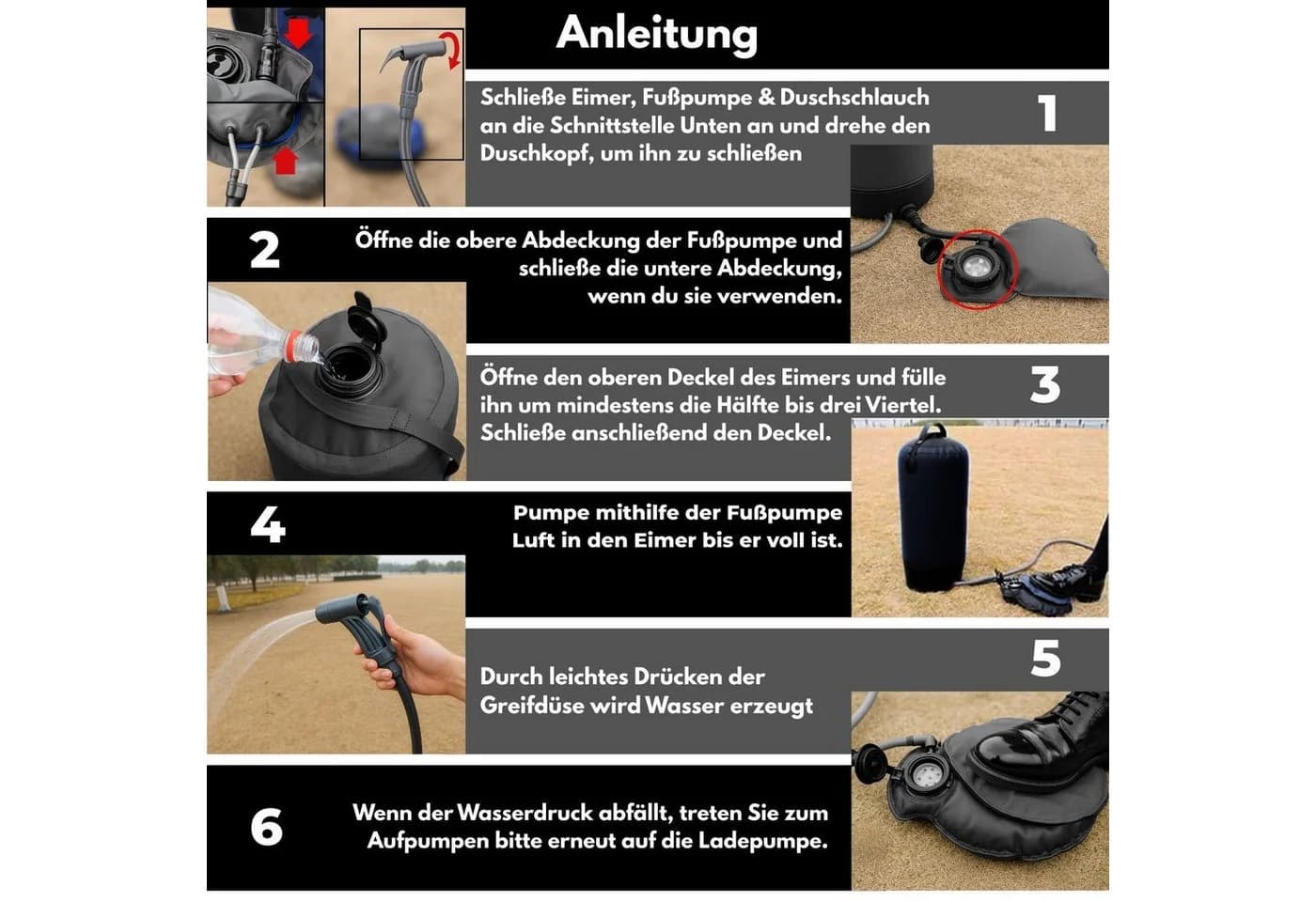 Coemo Gartendusche Schwarz Solardusche mit Fußpumpe 11 l tragbar - Bild 5