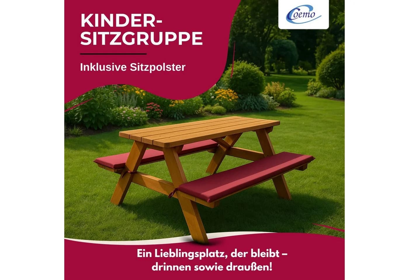 Coemo Garten-Kindersitzgruppe Holz Rotbraun mit Kissen
