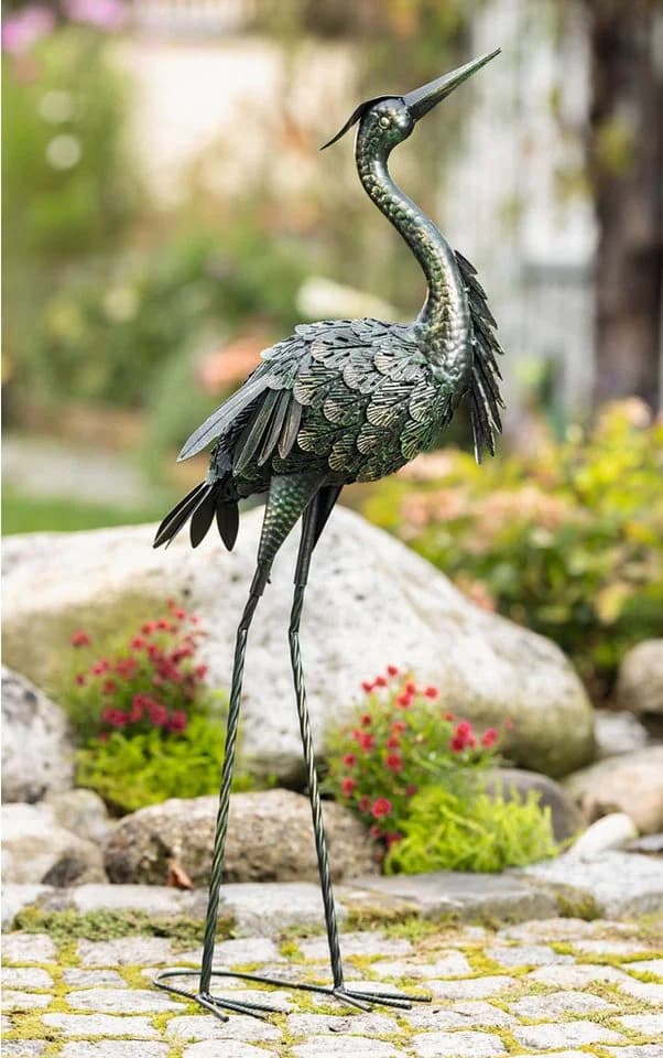 Dekoleidenschaft Gartenfigur Reiher Metall 90 cm Schwarz Grün Gold