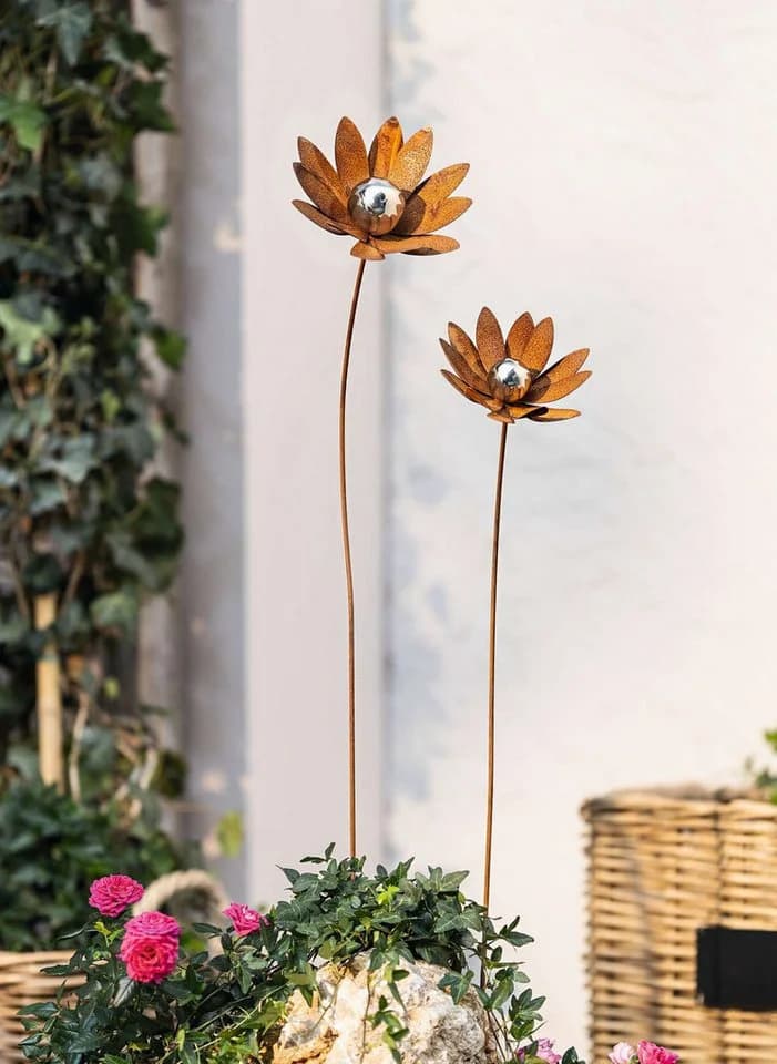 Dekoleidenschaft Gartenstecker Blume Metall Rost Finish Silber 2er Set