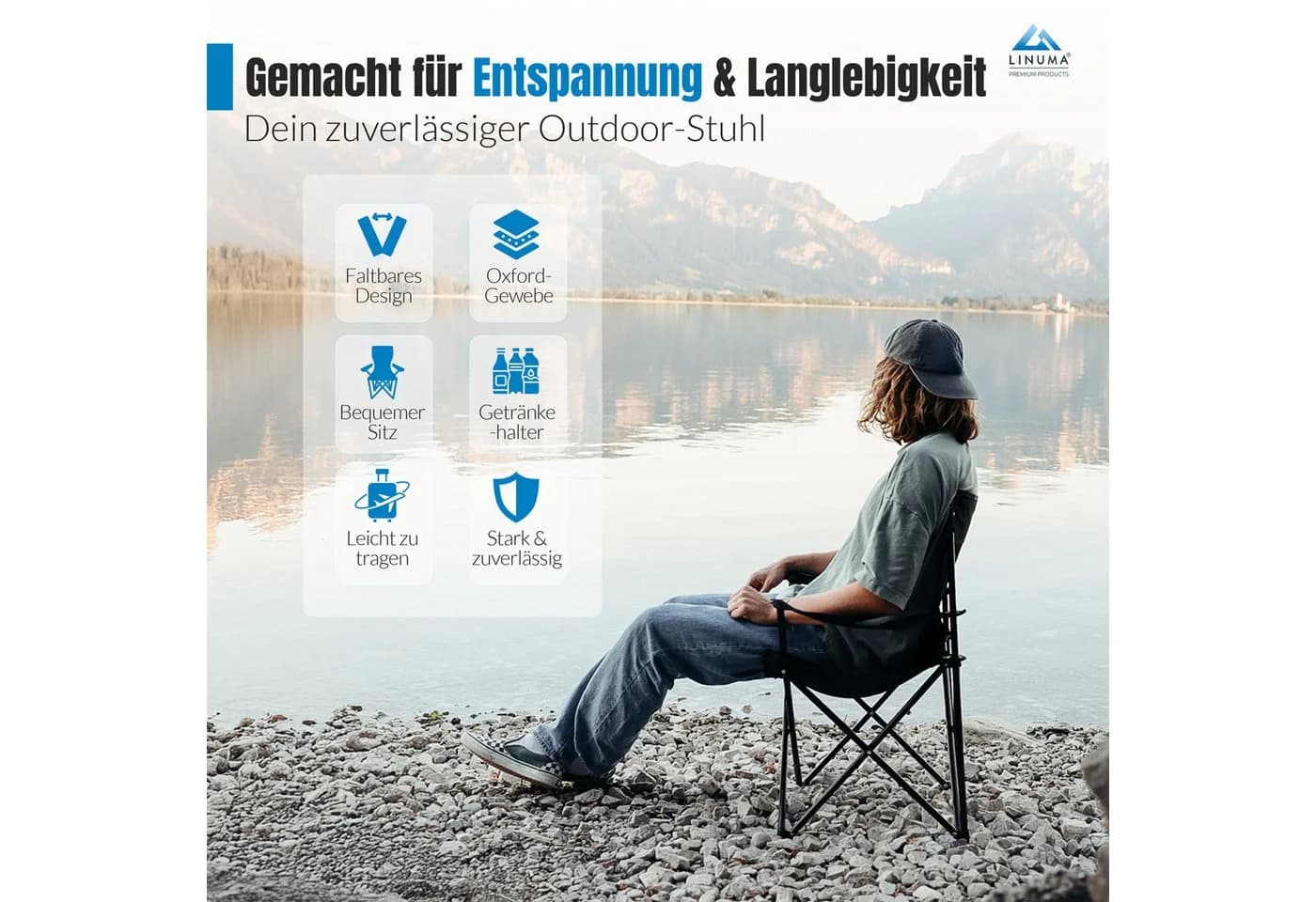 LINUMA Campingstuhl faltbar mit XL-Getränkehalter schwarz
