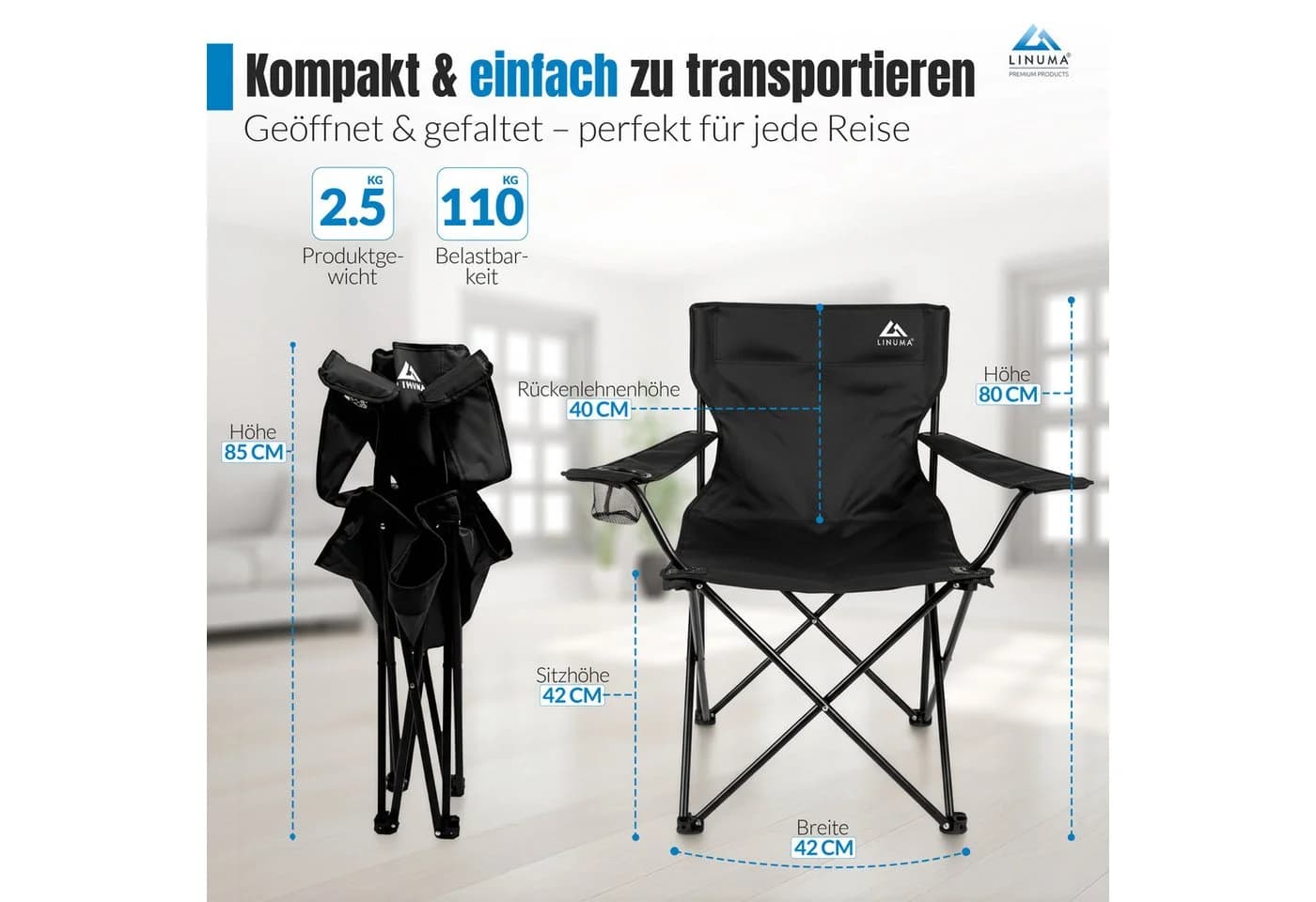 LINUMA Campingstuhl faltbar mit XL-Getränkehalter schwarz - Bild 4