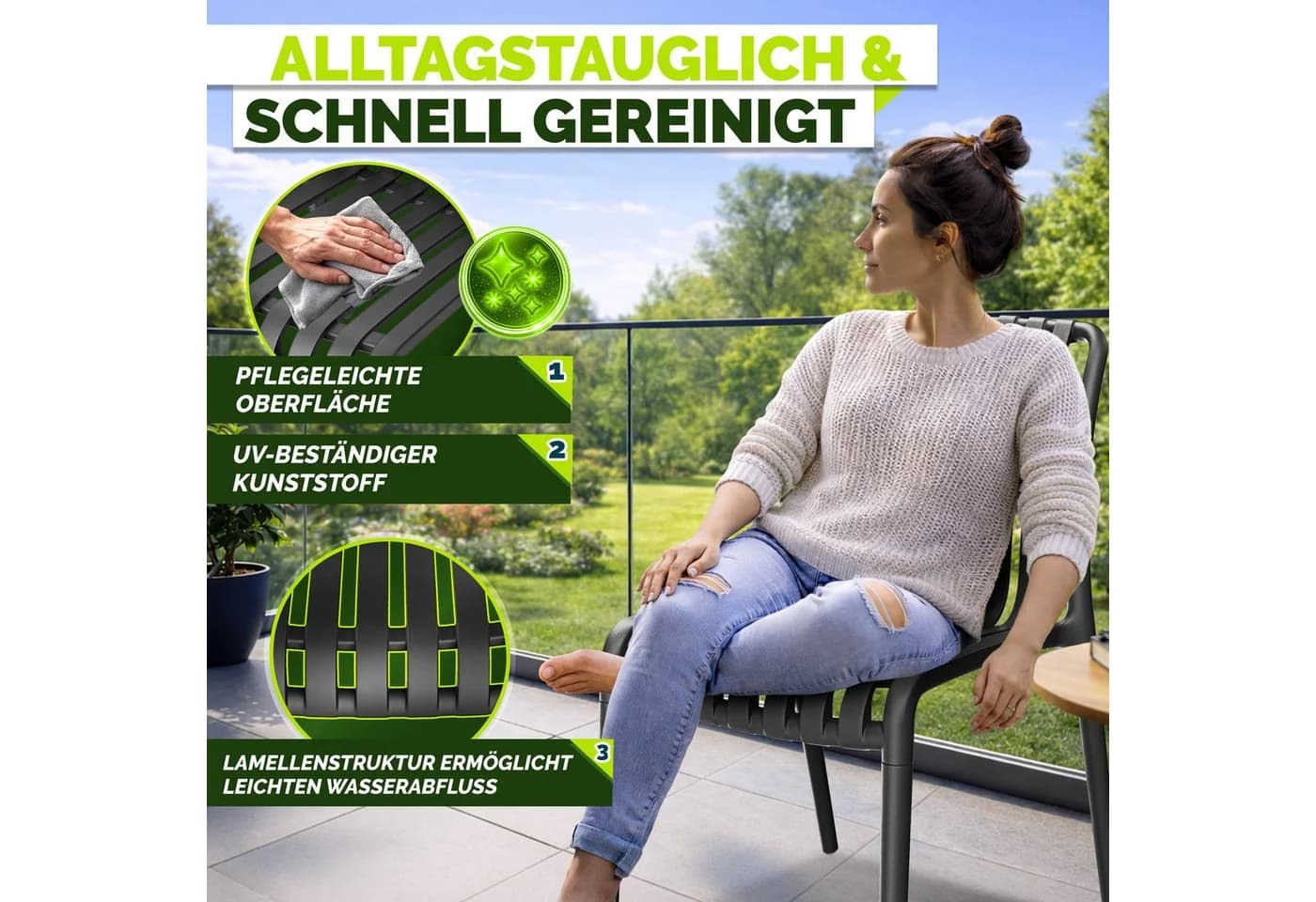 tillvex Gartenstuhl Set Stapelbar Wetterfest Kunststoff Schwarz - Bild 5