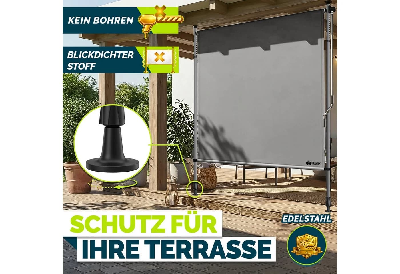 tillvex Klemmmarkise Grau Senkrechtmarkise Balkon ohne Bohren - Bild 4