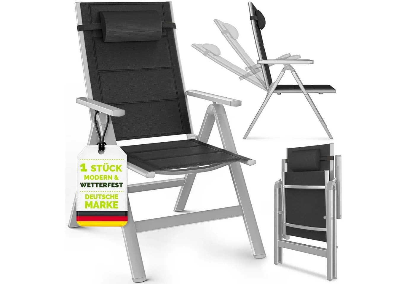tillvex Hochlehner Klappstuhl Aluminium Silber mit Armlehnen & Kopfkissen - Bild 2