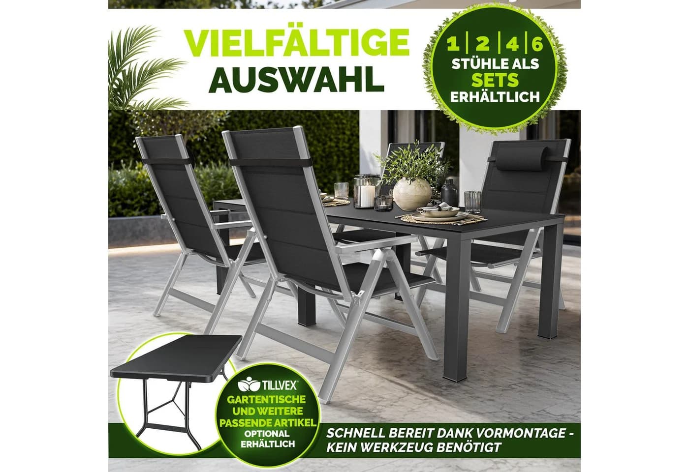 tillvex Hochlehner Klappstuhl Aluminium Silber mit Armlehnen & Kopfkissen - Bild 3