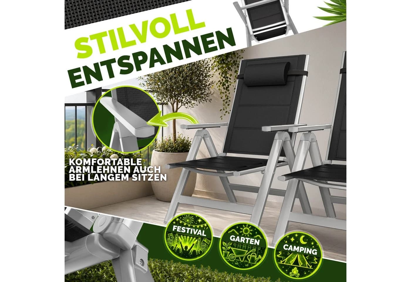 tillvex Hochlehner Klappstuhl Aluminium Silber mit Armlehnen & Kopfkissen - Bild 4