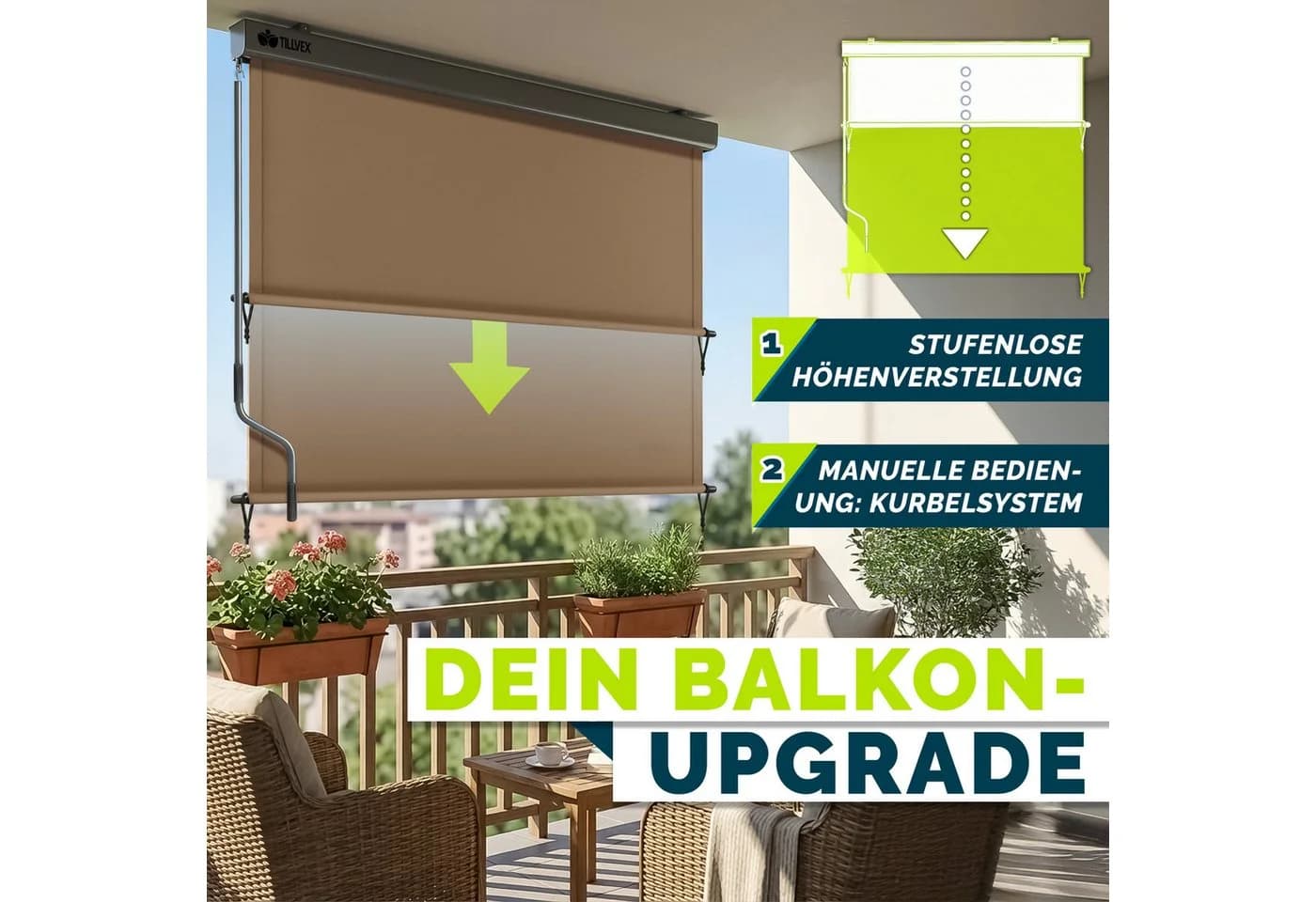 tillvex Senkrechtmarkise Taupe Sichtschutz für Balkon
