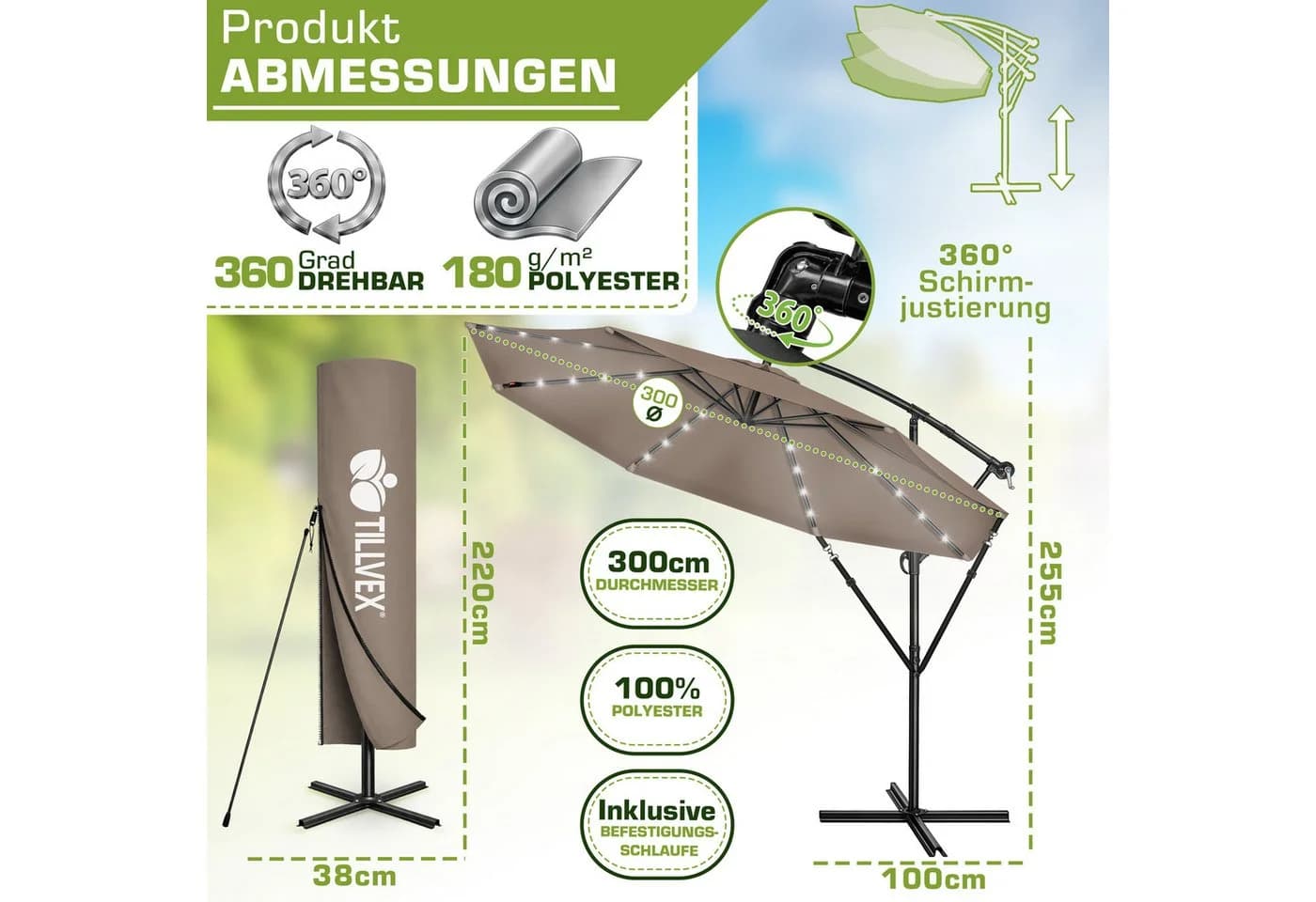 tillvex Sonnenschirm 3m Ampelschirm mit LED Solar & Kurbel