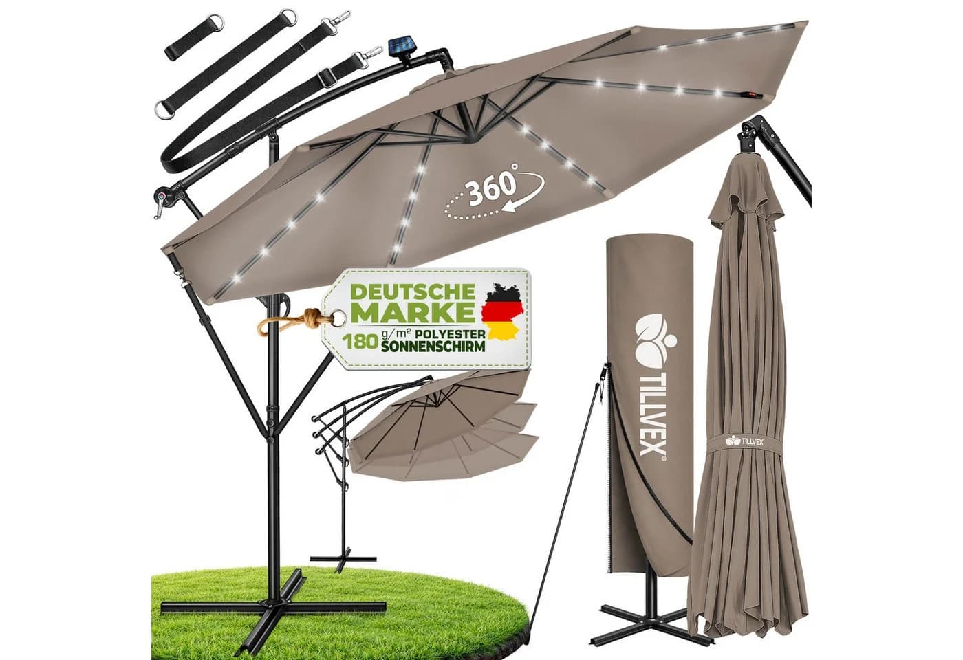 tillvex Sonnenschirm 3m Ampelschirm mit LED Solar & Kurbel - Bild 2
