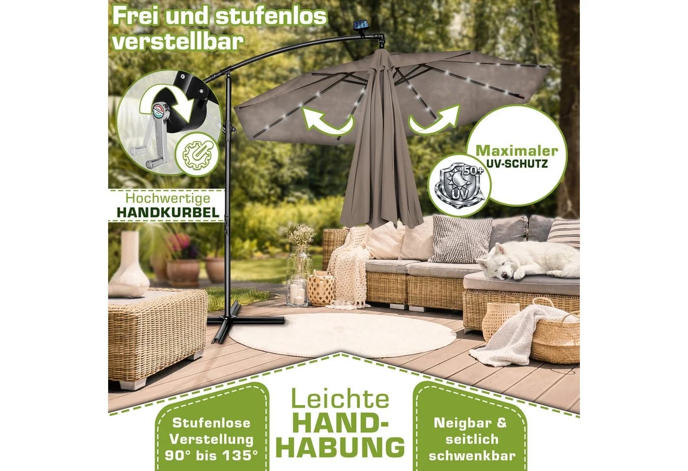 tillvex Sonnenschirm 3m Ampelschirm mit LED Solar & Kurbel - Bild 3