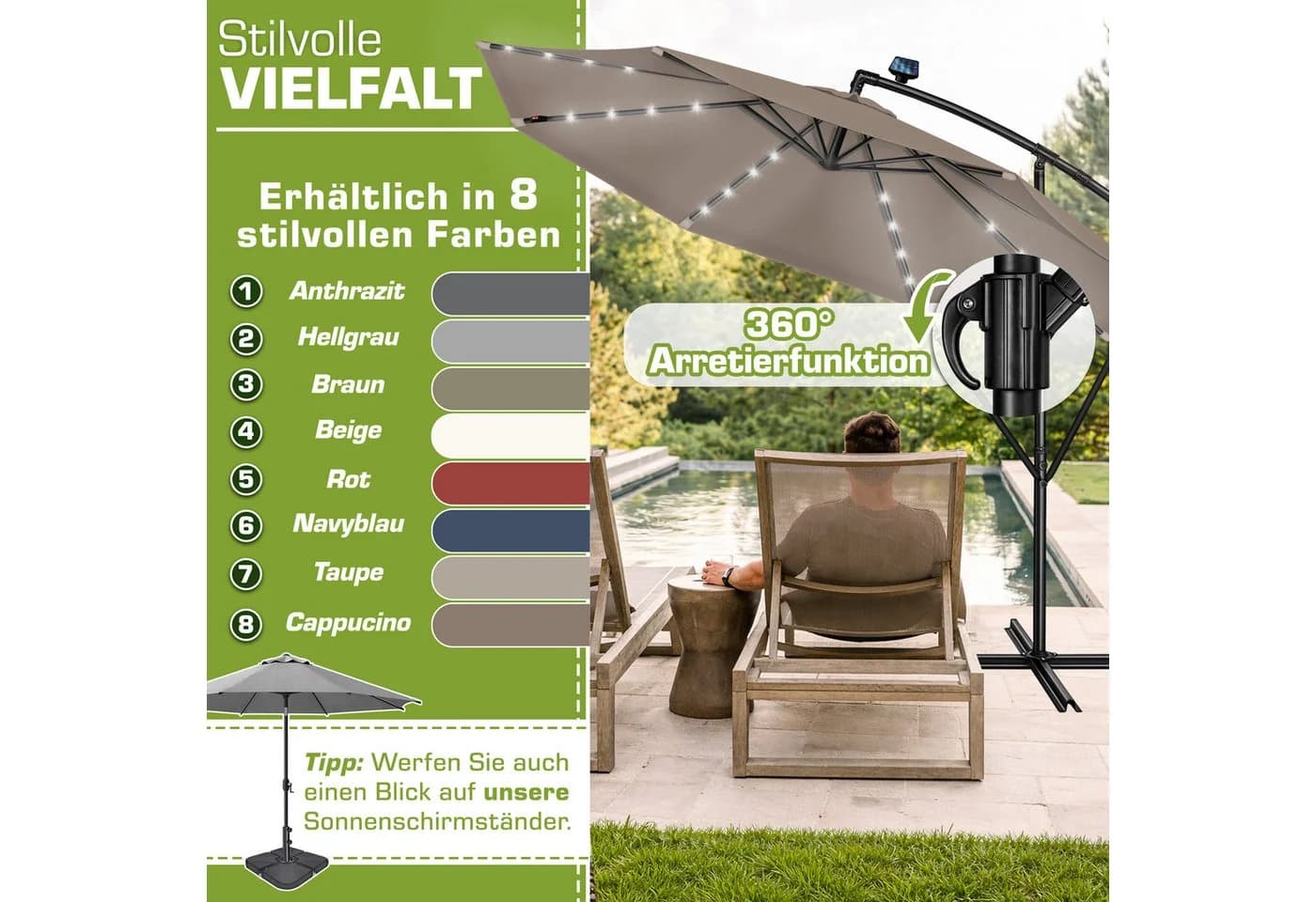 tillvex Sonnenschirm 3m Ampelschirm mit LED Solar & Kurbel - Bild 5