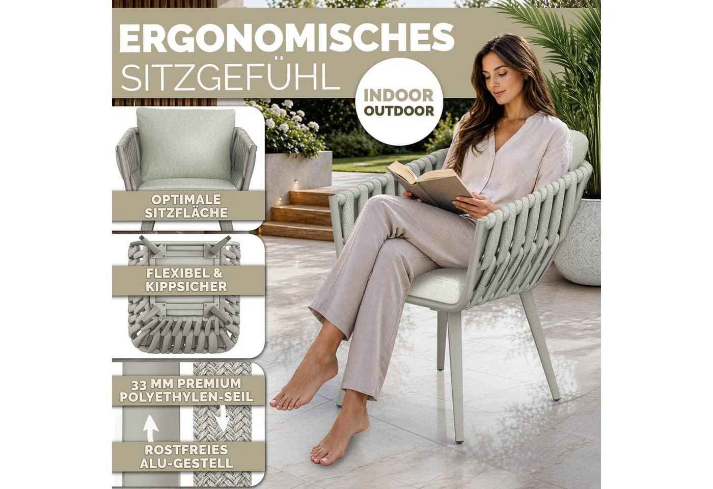 tillvex Gartenstuhl Set 2-tlg. Beige Aluminium Rope Design mit Armlehne - Bild 3