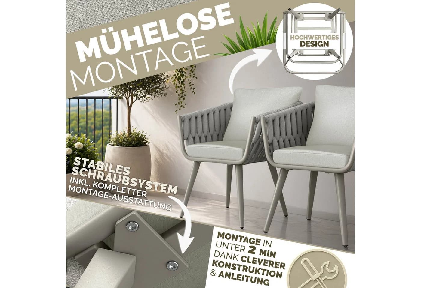 tillvex Gartenstuhl Set 2-tlg. Beige Aluminium Rope Design mit Armlehne - Bild 4