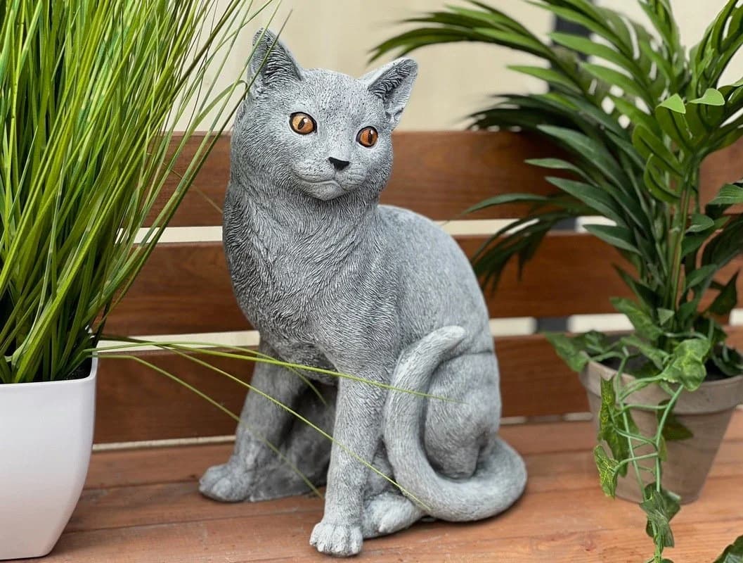 Stone and Style Gartenfigur Frostfeste Steinfigur Katze sitzend lebensgroß Grau