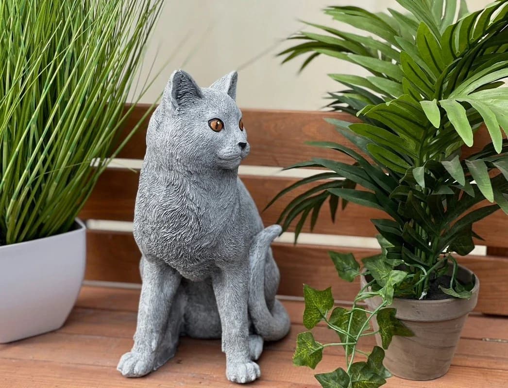 Stone and Style Gartenfigur Frostfeste Steinfigur Katze sitzend lebensgroß Grau - Bild 3
