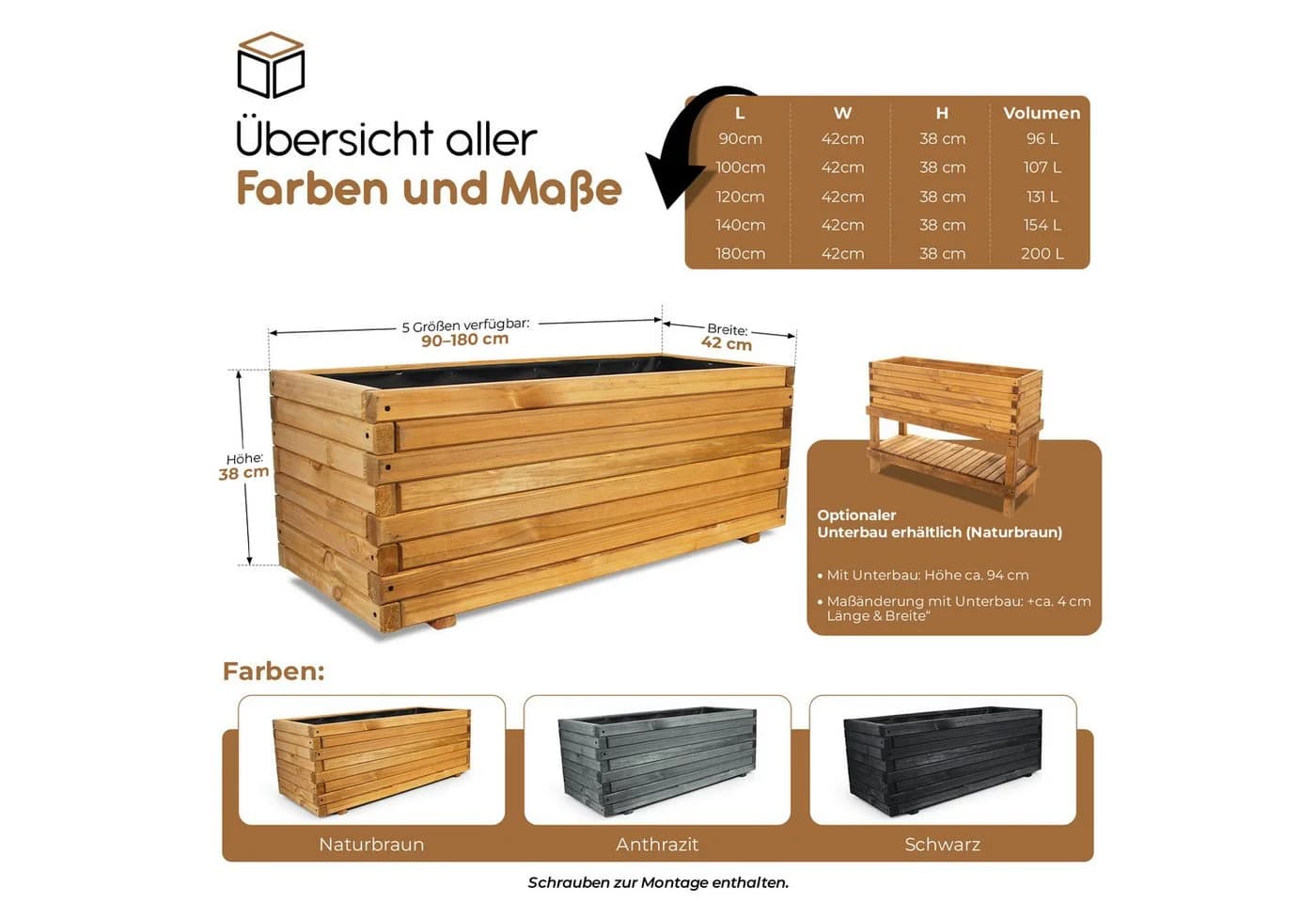 BooGardi Pflanzkasten Holz Schwarz 90cm mit Vlies