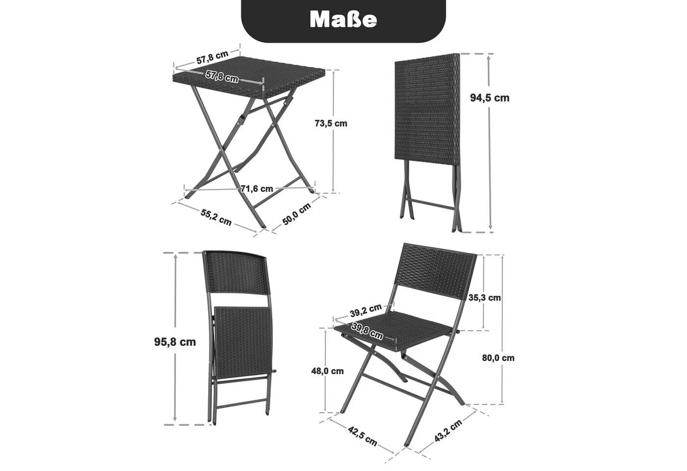 Avestar Balkonset 3-tlg. Bistroset Schwarz Klappbar PP-Rattan