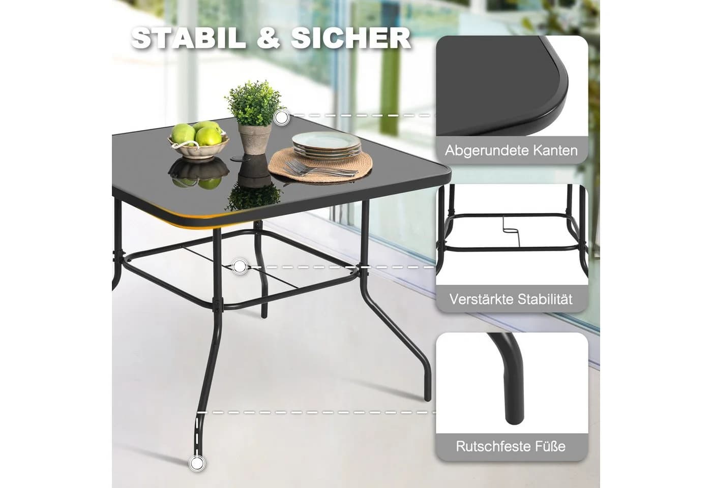 Avestar Gartentisch Outdoor Esstisch Schwarz Gehärtetes Glas - Bild 4